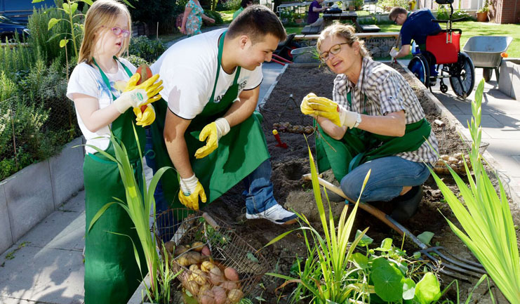Schüler beim Arbeiten im Schulgarten